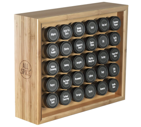 wooden square spice rack filled with labeled jars