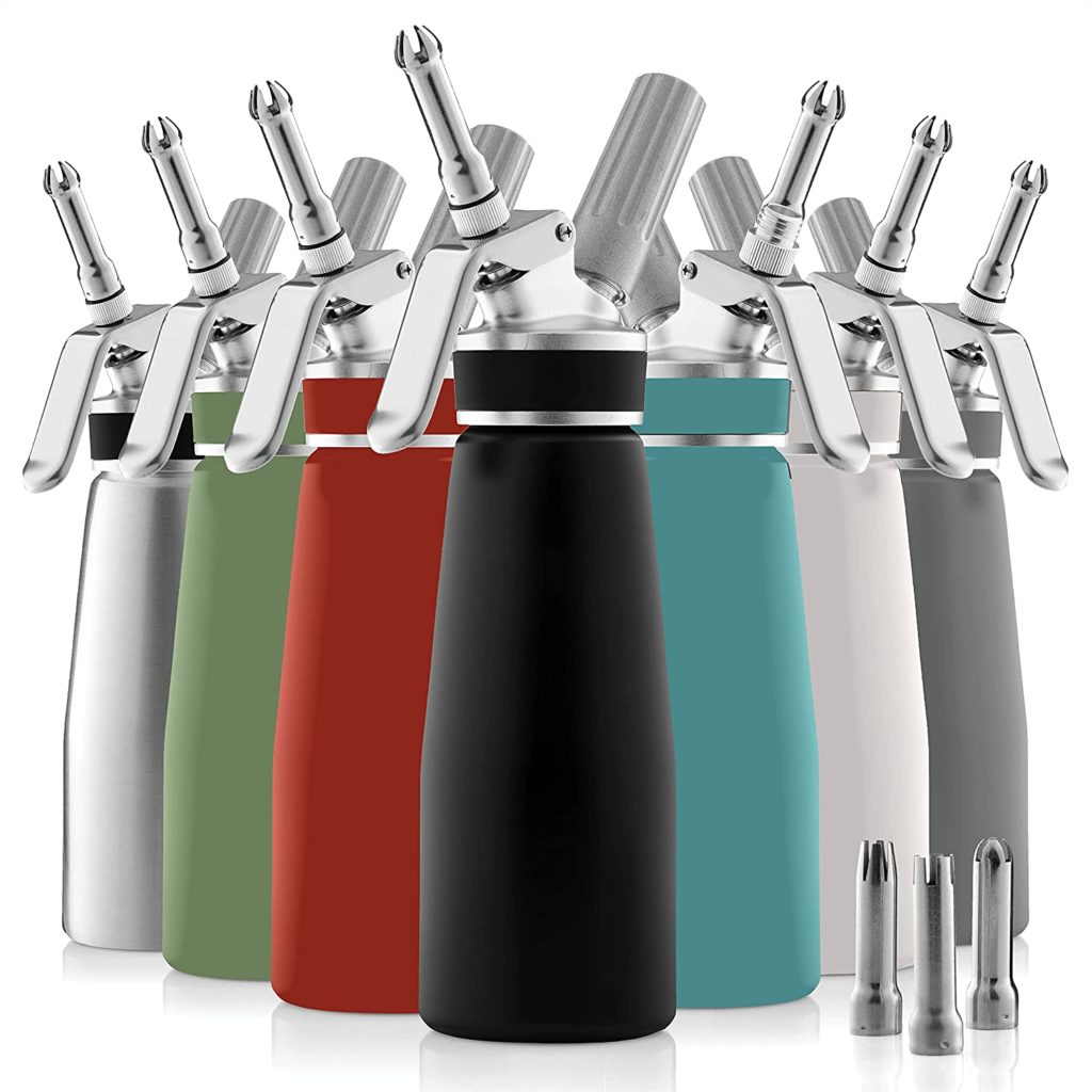 assorted colors of stainless steel whipped cream dispensers