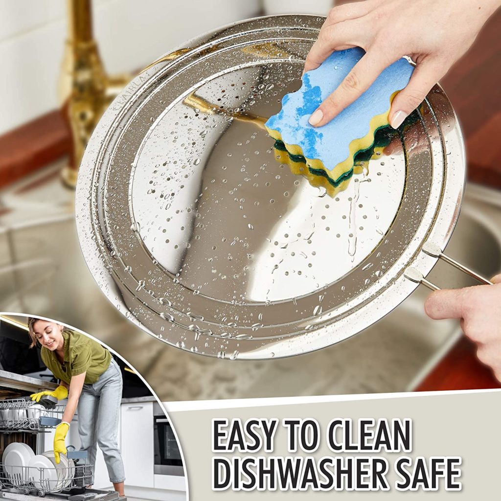 infographic EASY TO CLEAN DISHWASHER SAFE with an image of someones hand washing lid lid with sponge and another image of someone loading dishwasher