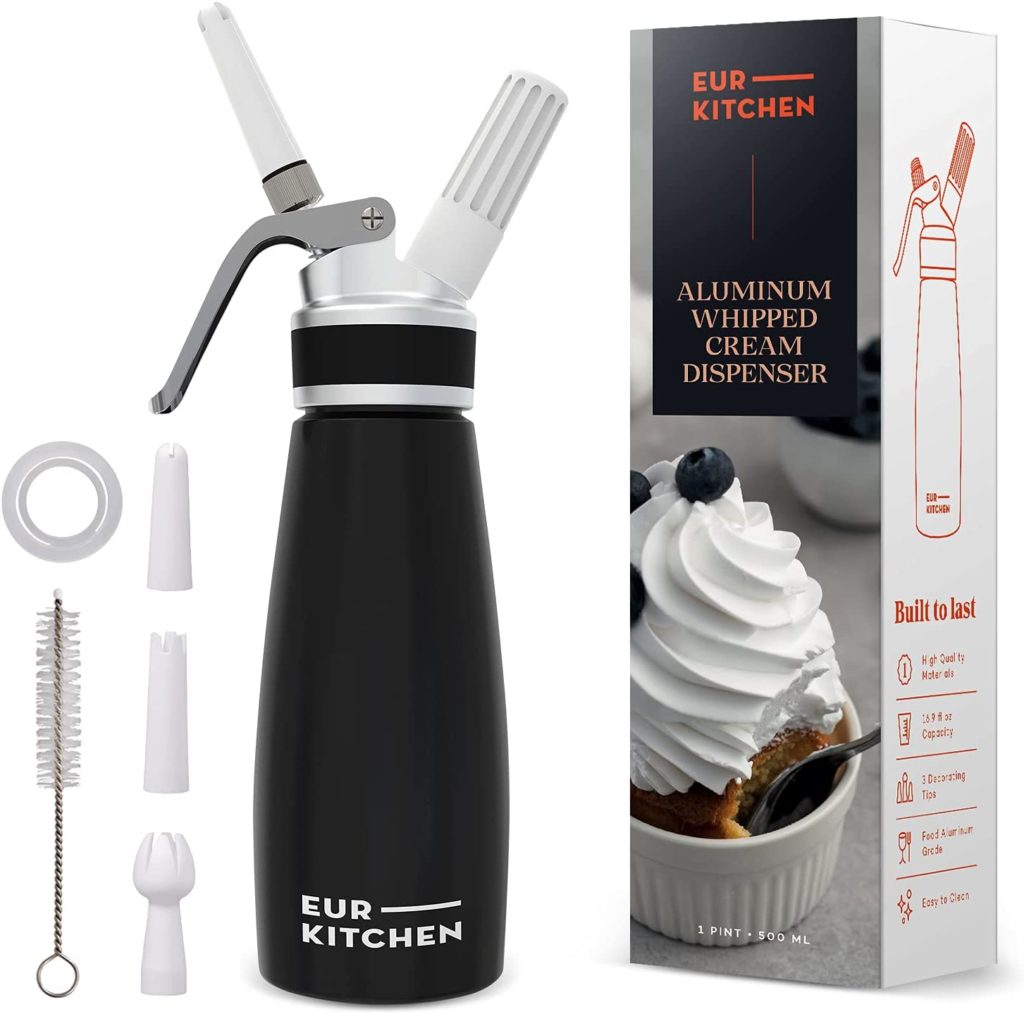 Black whipped cream dispenser with accessories and EUR Kitchen branded box packaging