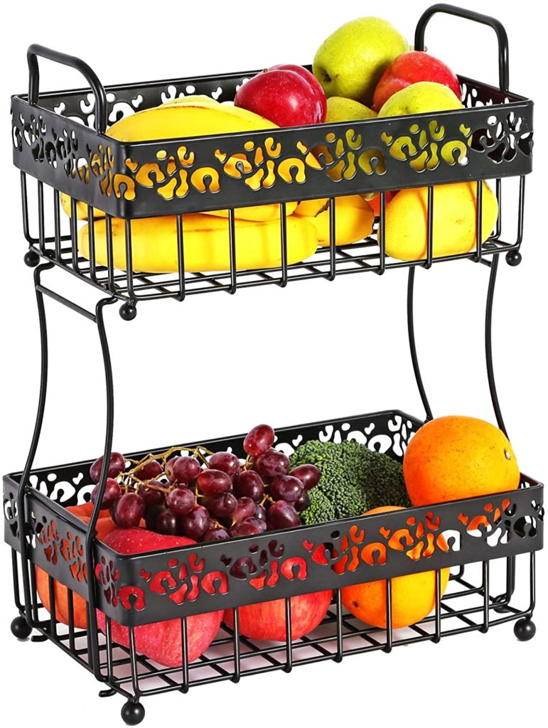 full two tier rectangular wire fruit basket with ornate detail trim