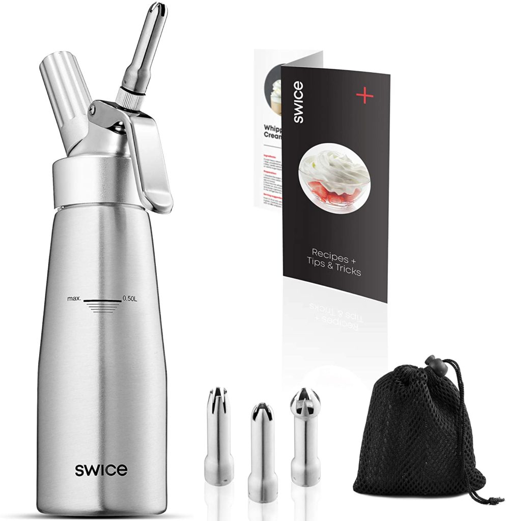 Stainless steel whipped cream dispenser with tips and Swice brand box
