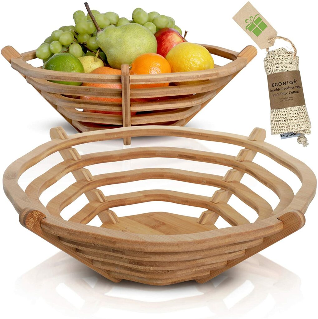 wooden natural fruit bowl shown with and without fruit