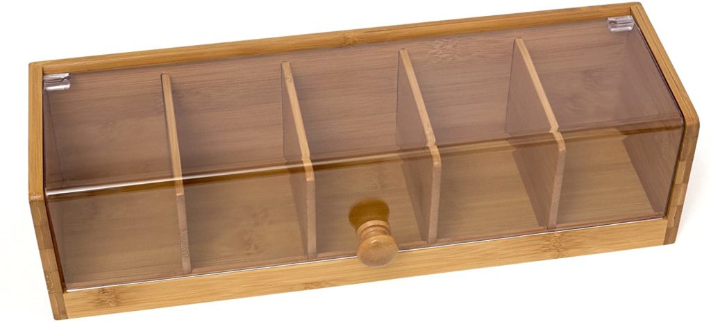 wooden tea box organizer with clear acrylic hinged lid and wooden knob