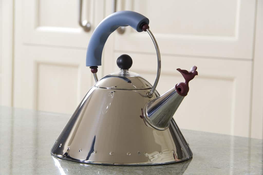 luxe stainless steel tea kettle in kitchen