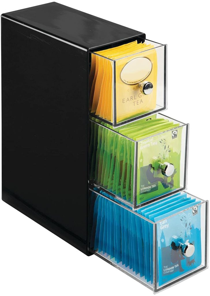 black tea organizer with three clear drawers full of tea bags