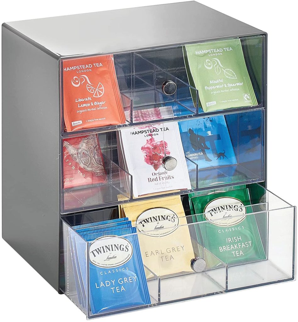 dark grey tea box organizer with three rows of acrylic drawers