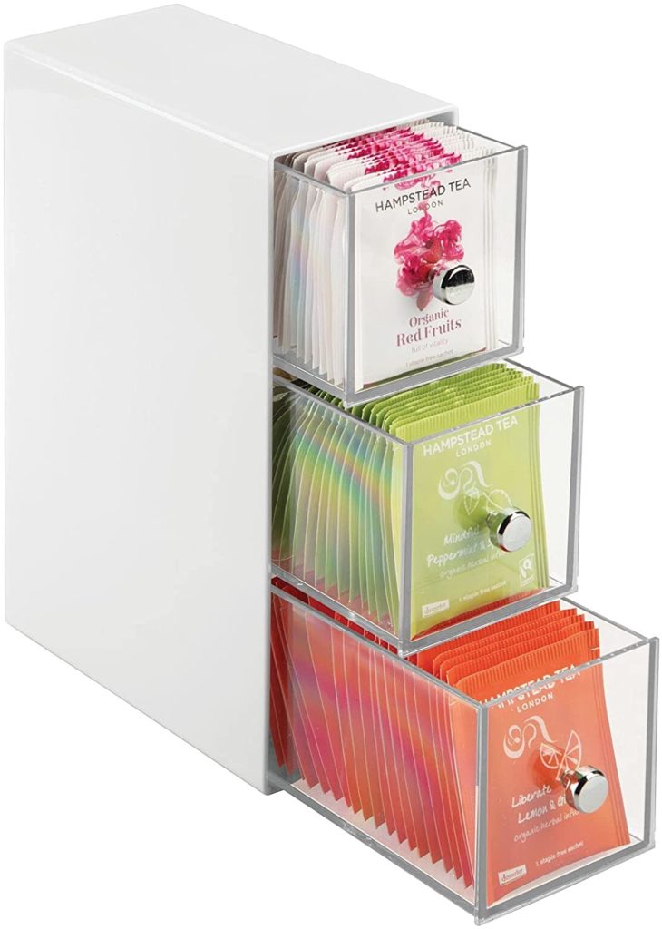 white tea box organizer with three clear acrylic drawers for tea bags