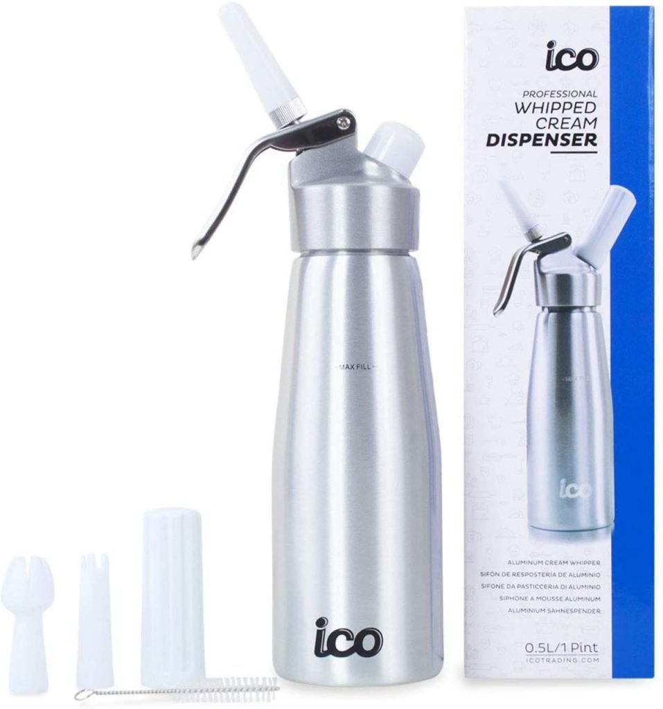 Stainless steel whipped cream dispenser with tips and ICO brand box