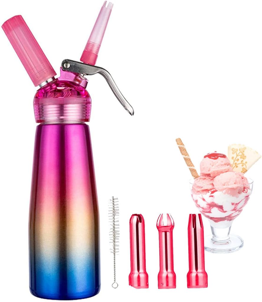 irradescent pink to blue metal whipped cream dispenser with tips and ice cream sundae