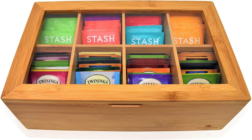tea bags in wooden tea box organizer with closed lid