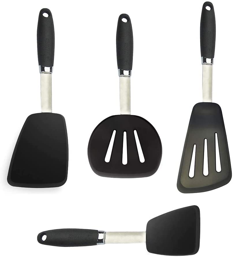 metal and black silicone cooking utensils