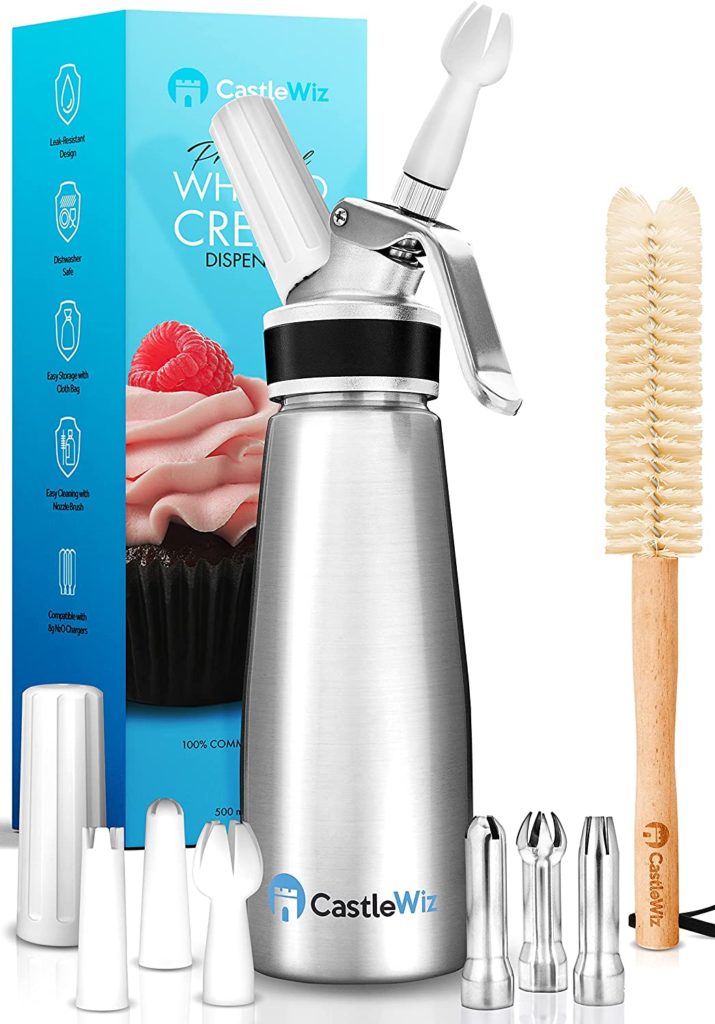 Stainless steel whipped cream dispenser with accessories and CastleWiz brand box