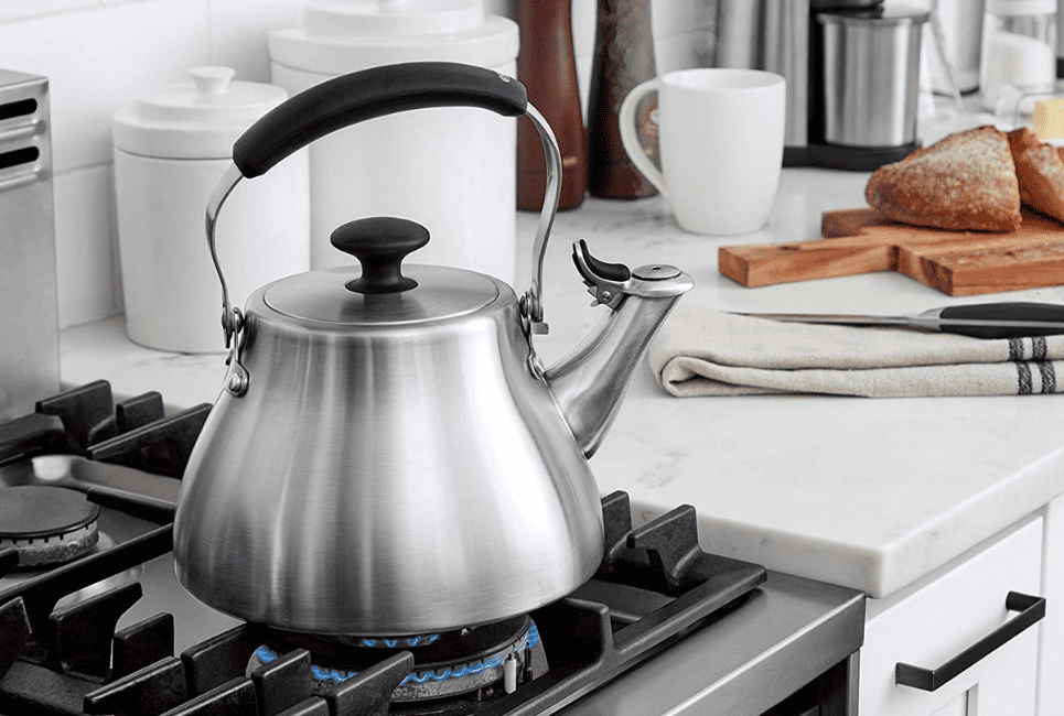stainless steel oxo tea kettle on stove