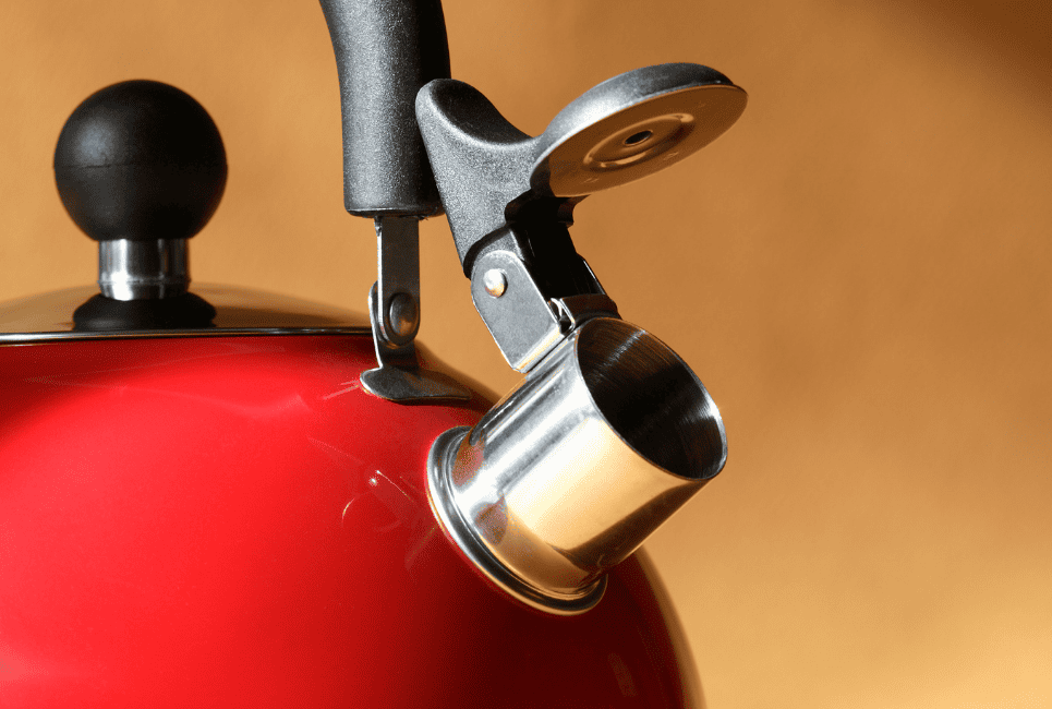steaming open spout of red tea kettle