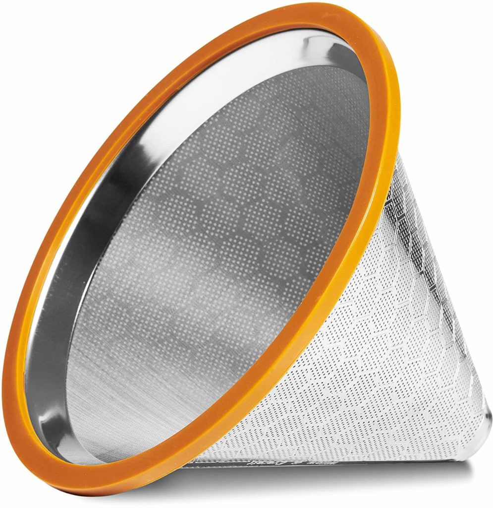 stainless steel and orange pour over coffee cone