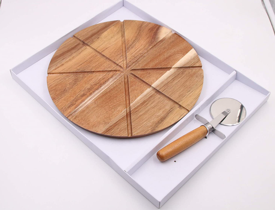 acacia wood cutting board with pizza slice guides and cutter