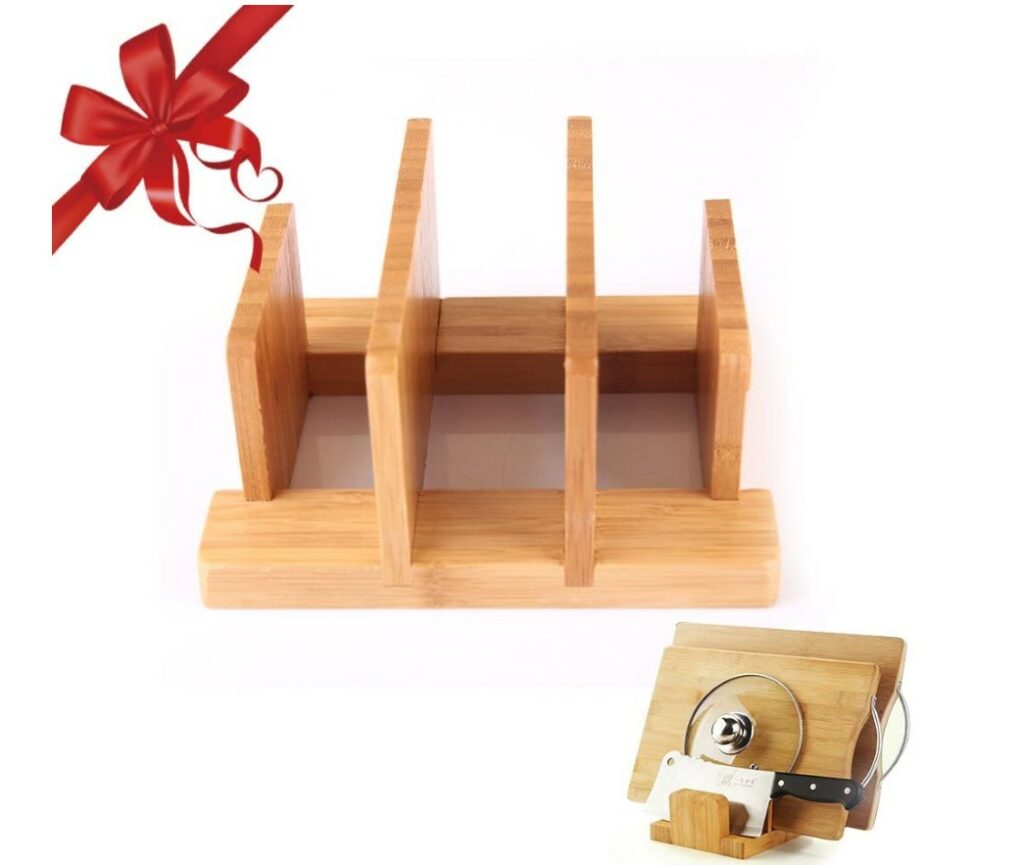 bamboo cutting board storage rack with bow graphic