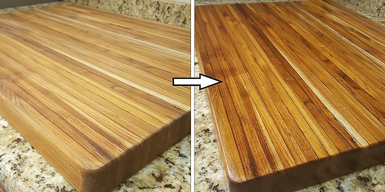 before and after image of butcher block cutting board being sealed