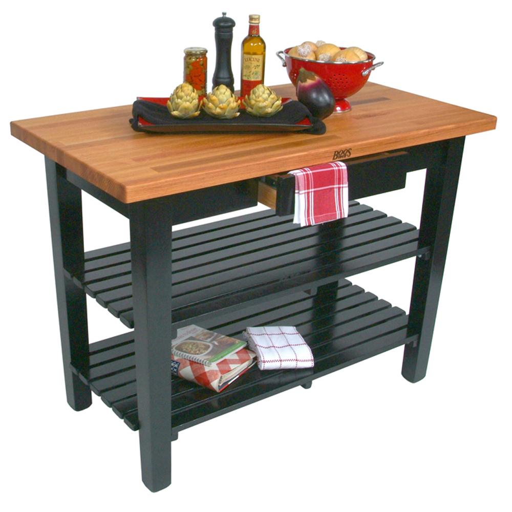 black table with butcher block top