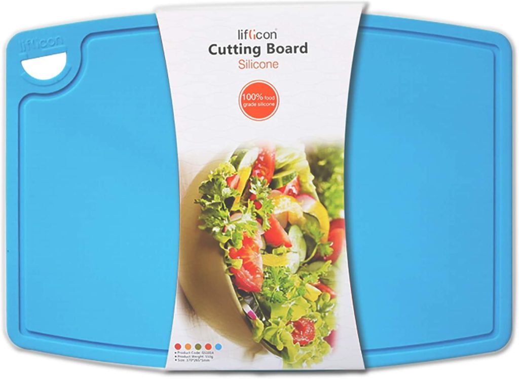 blue silicone cutting board with branded label sleeve
