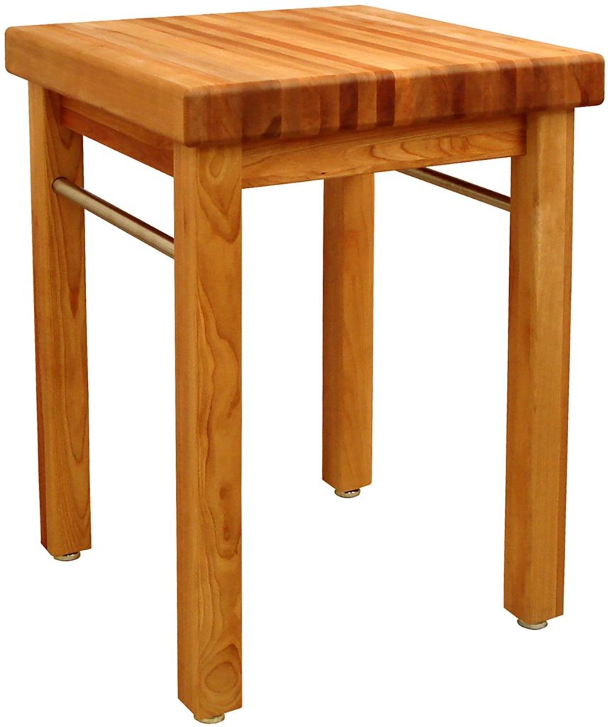butcher block small table with thin legs and metal details