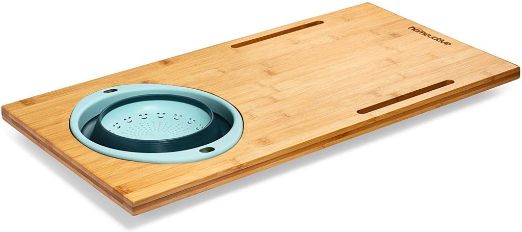 cutting board with collapsible blue colander built in