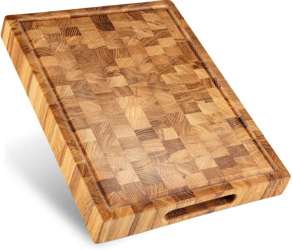 end grain butchers block cutting board with built in handles