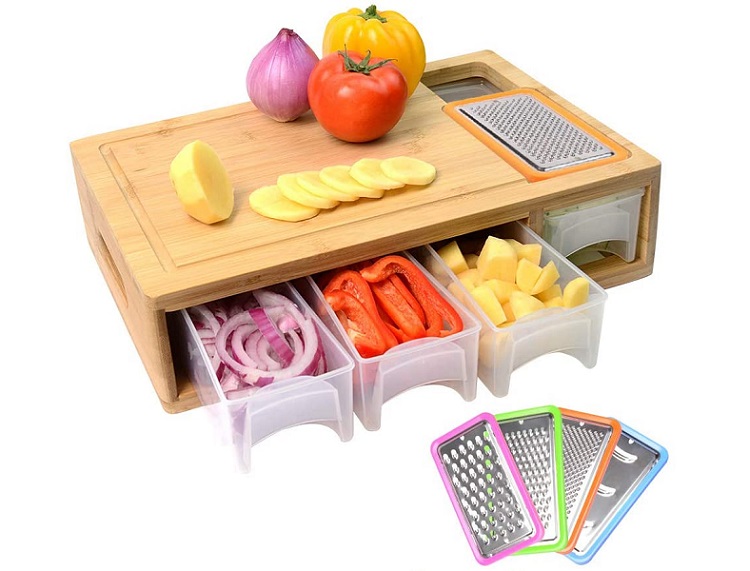 food on bamboo cutting board with pull out containers and built in grater