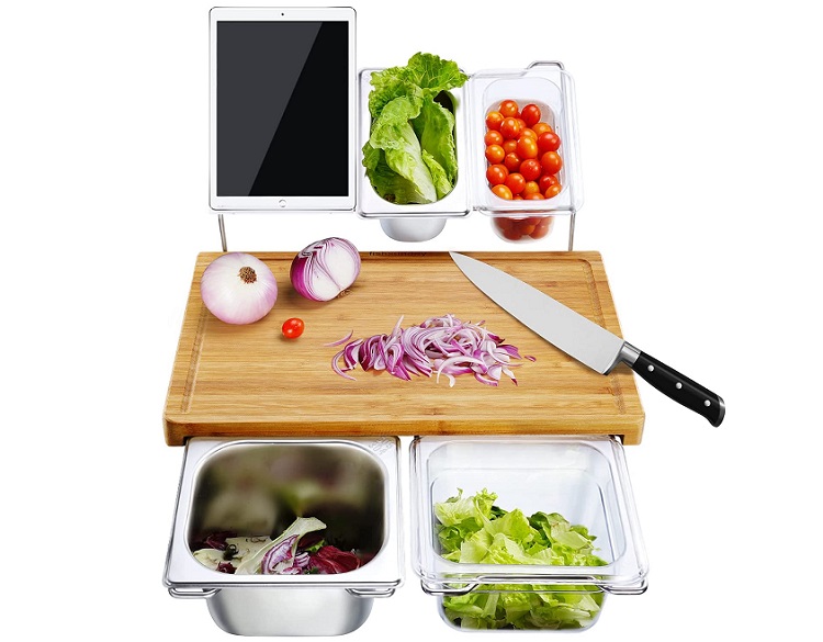 food prep station with cutting board, tablet, knife and containers