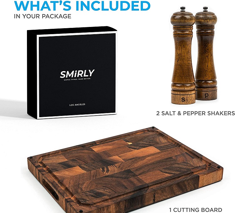 infographic of walnut cutting board that is sold with matching salt and pepper grinders