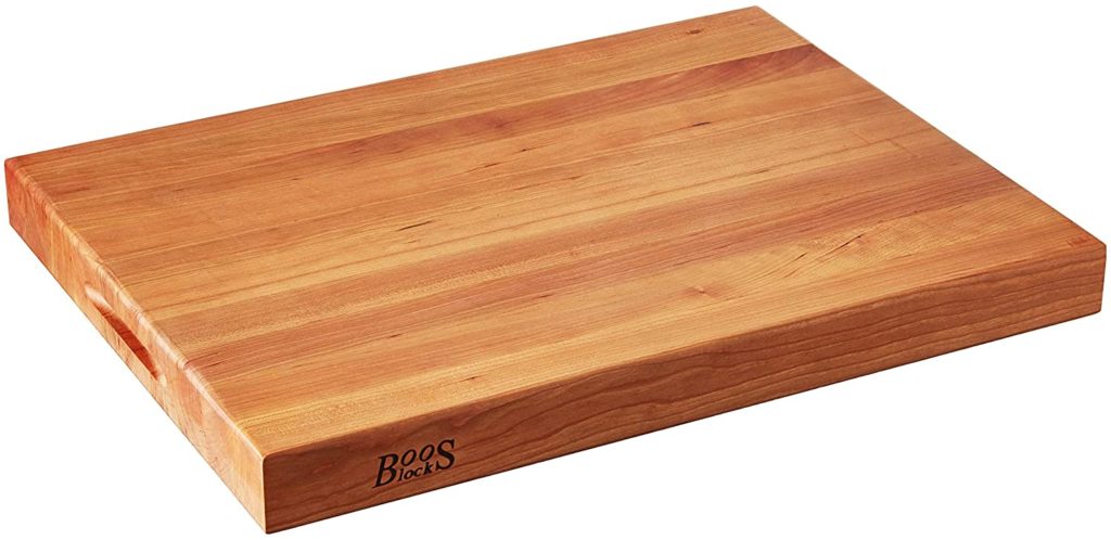 maple butcher block cutting board with BOOS brand label