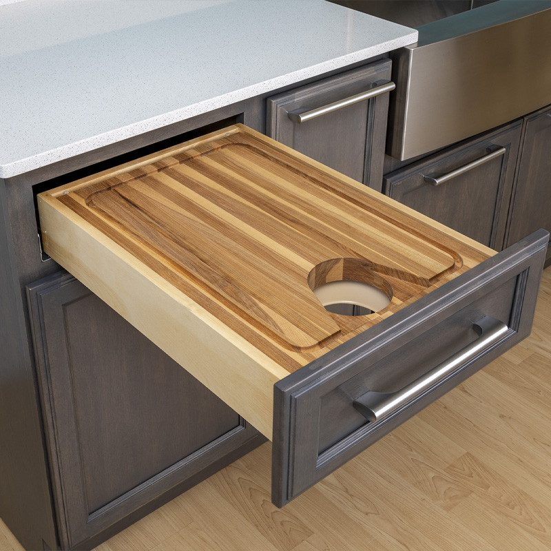 open drawer holding cutting board