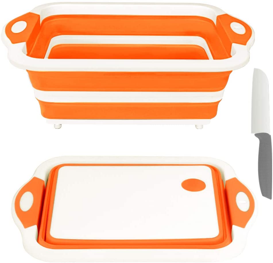 orange and white cutting board with collapsible juice catcher