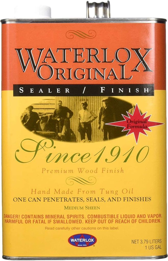 orange and yellow metal canister of Waterlox brand butcher block sealer
