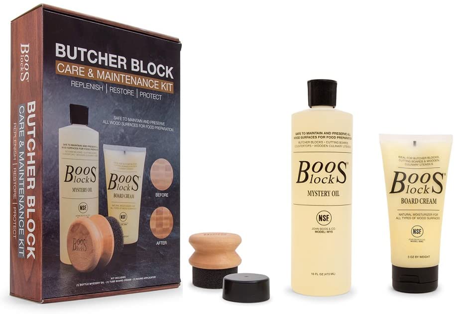 packaging of John Boos brand cutting board care products and brush