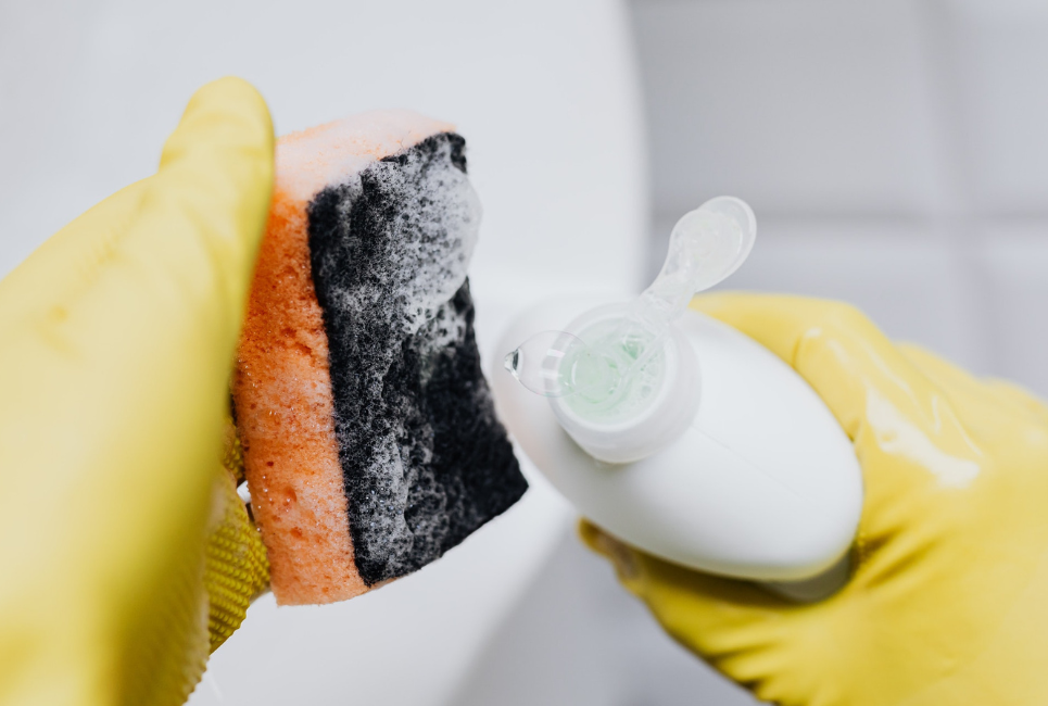 persons hand in gloves putting soap on sponge