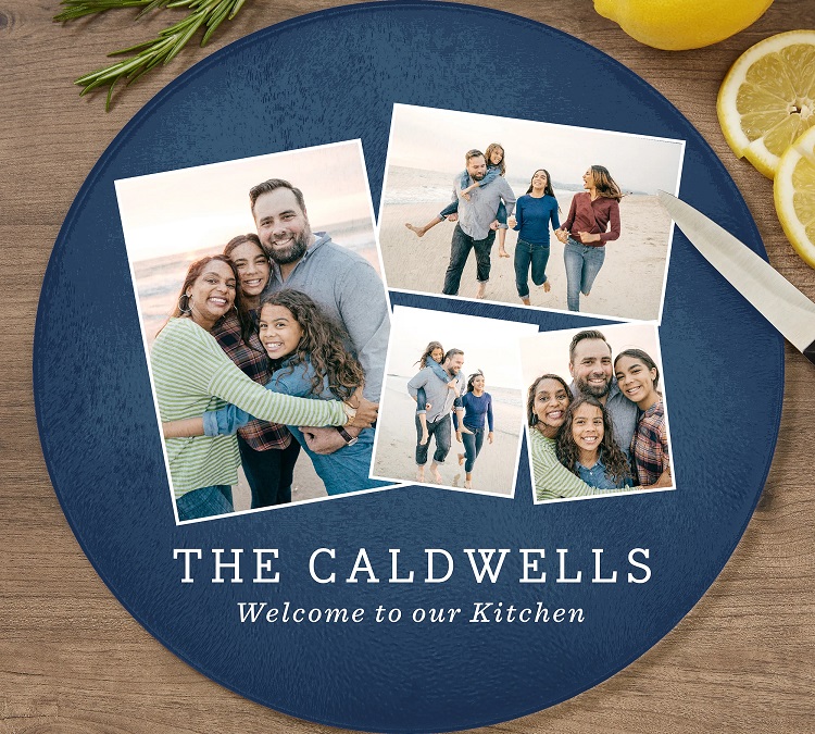 round blue cutting board customized with family pictures