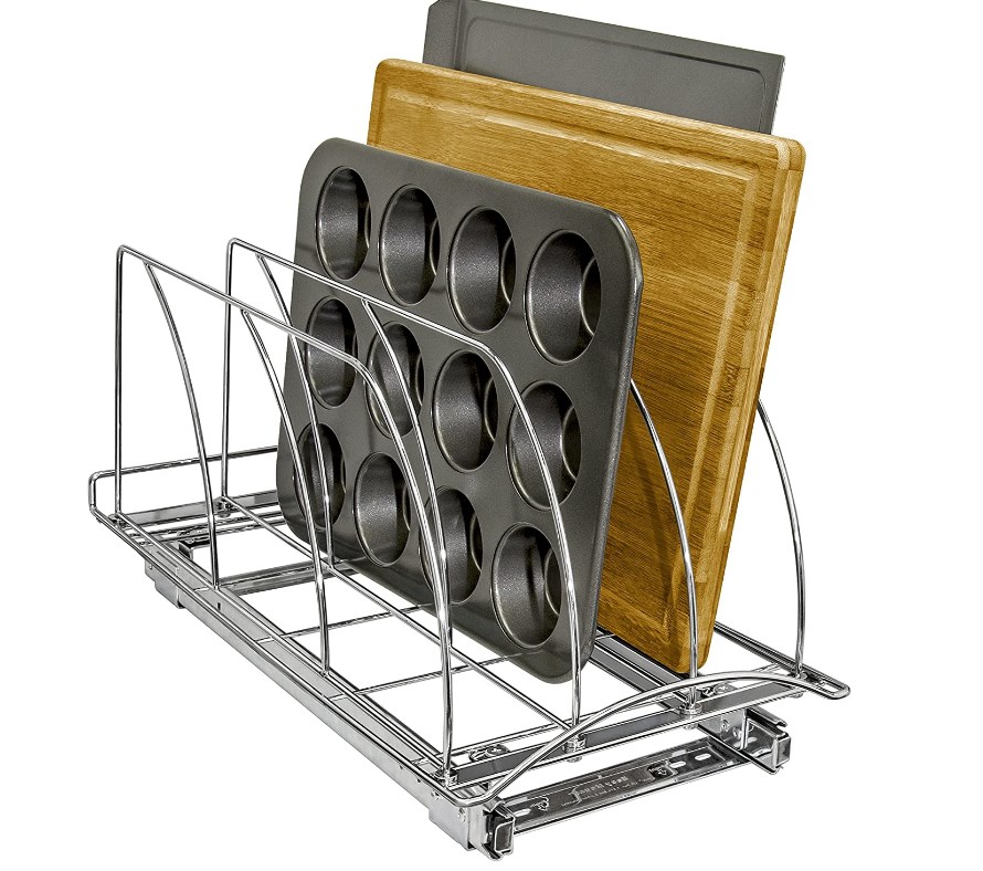 silver metal slide out cutting board storage