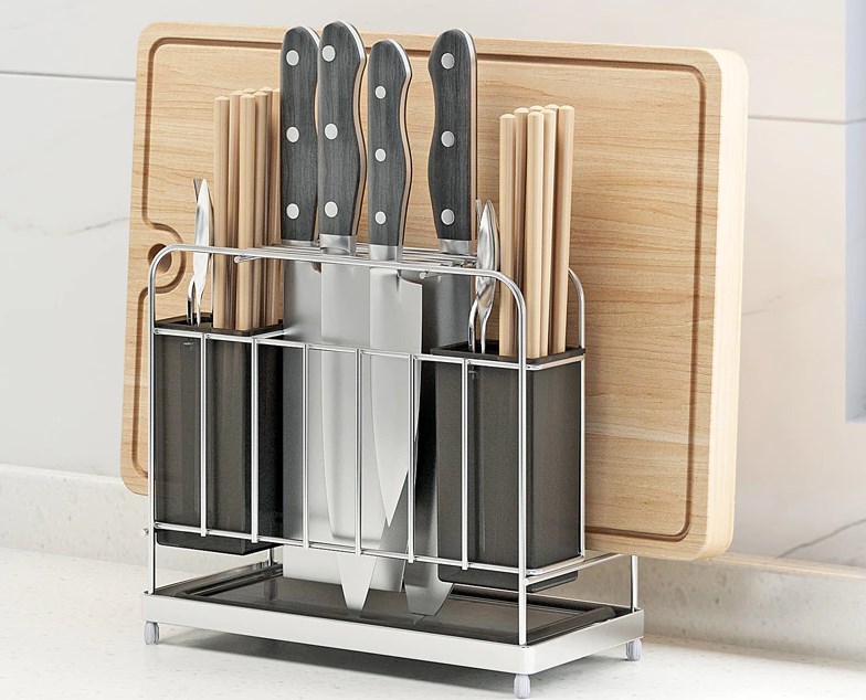 storage on counter with cutting board and knives