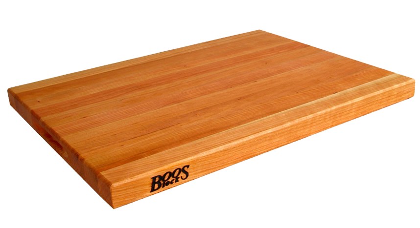 thick butcher block wooden cutting board with boos label on side