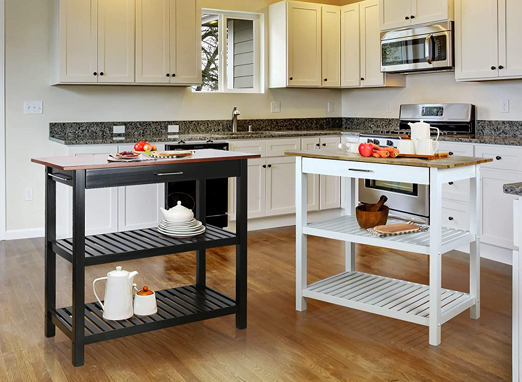 two black and white kitchen carts with butcher block top