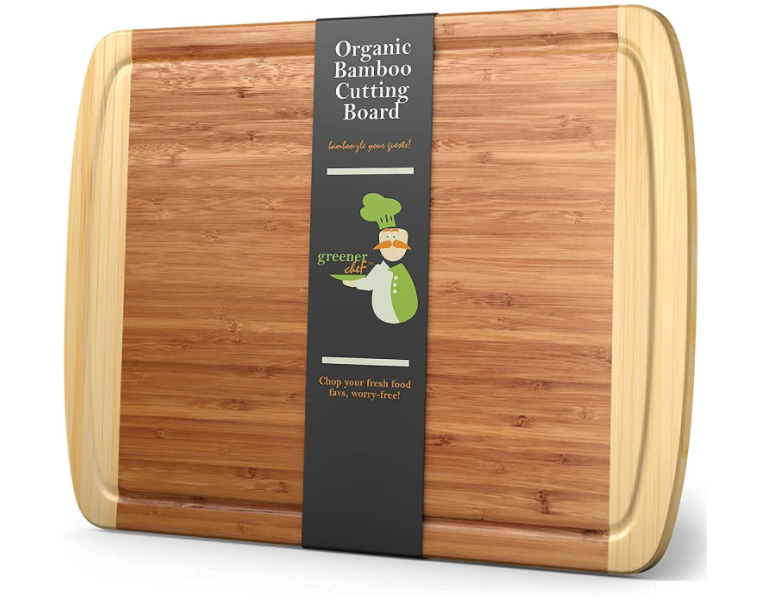 two toned bamboo cutting board in package