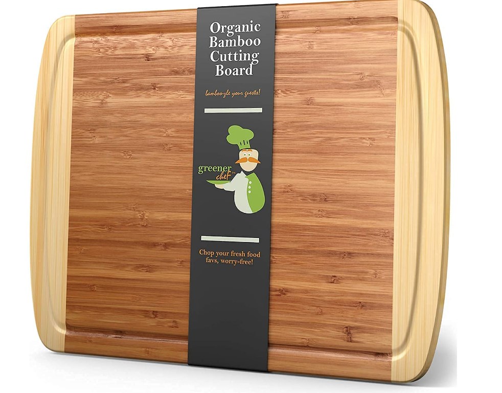 two toned wooden cutting board with branded label sleeve