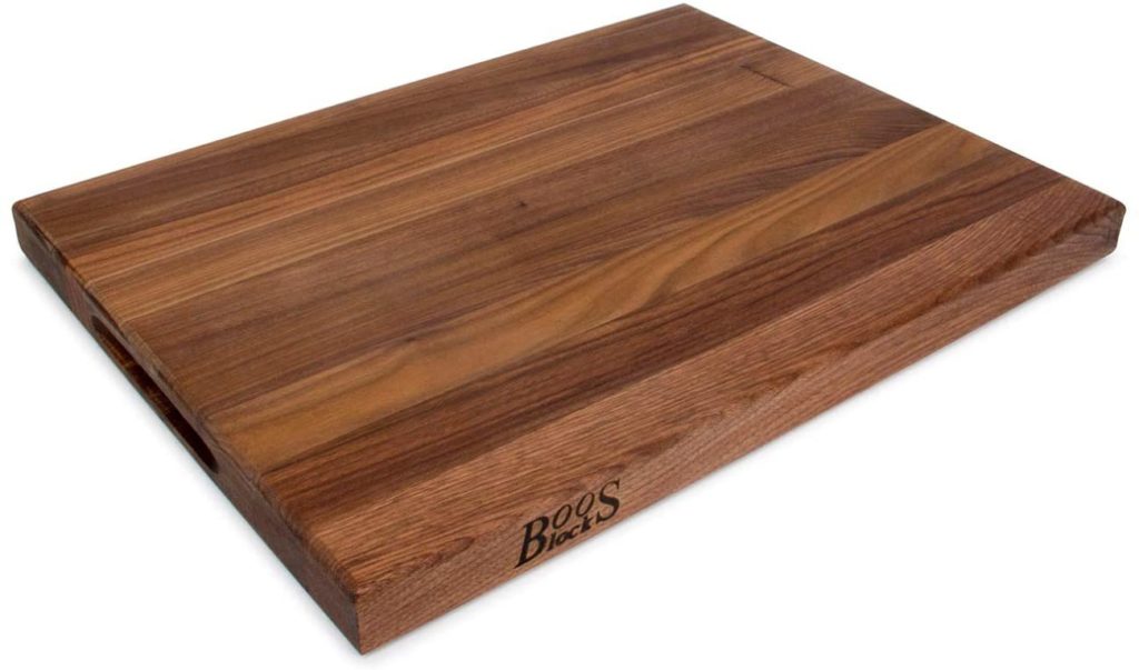 walnut cutting board with boos label on side