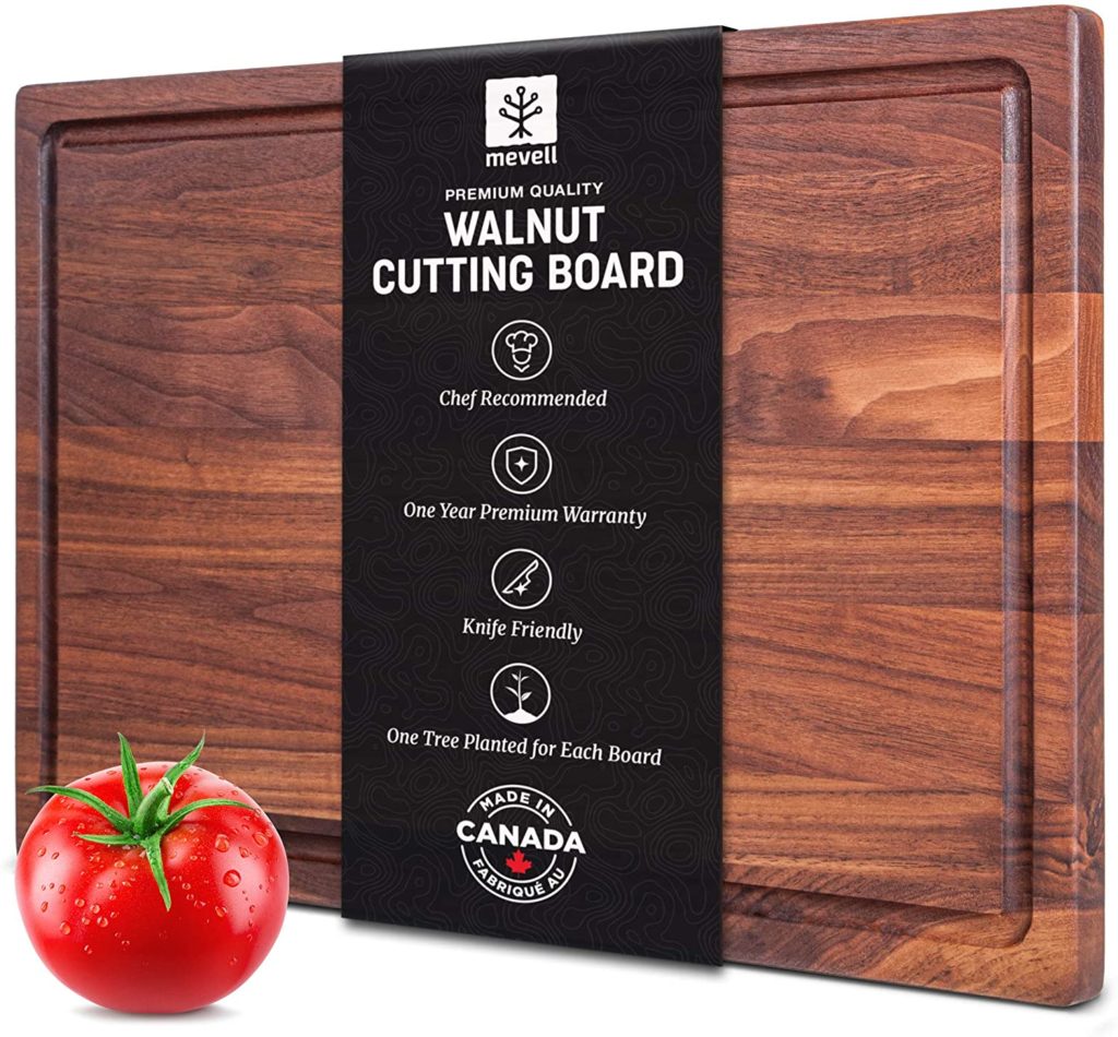 walnut cutting board with juice groove in sleeve packaging
