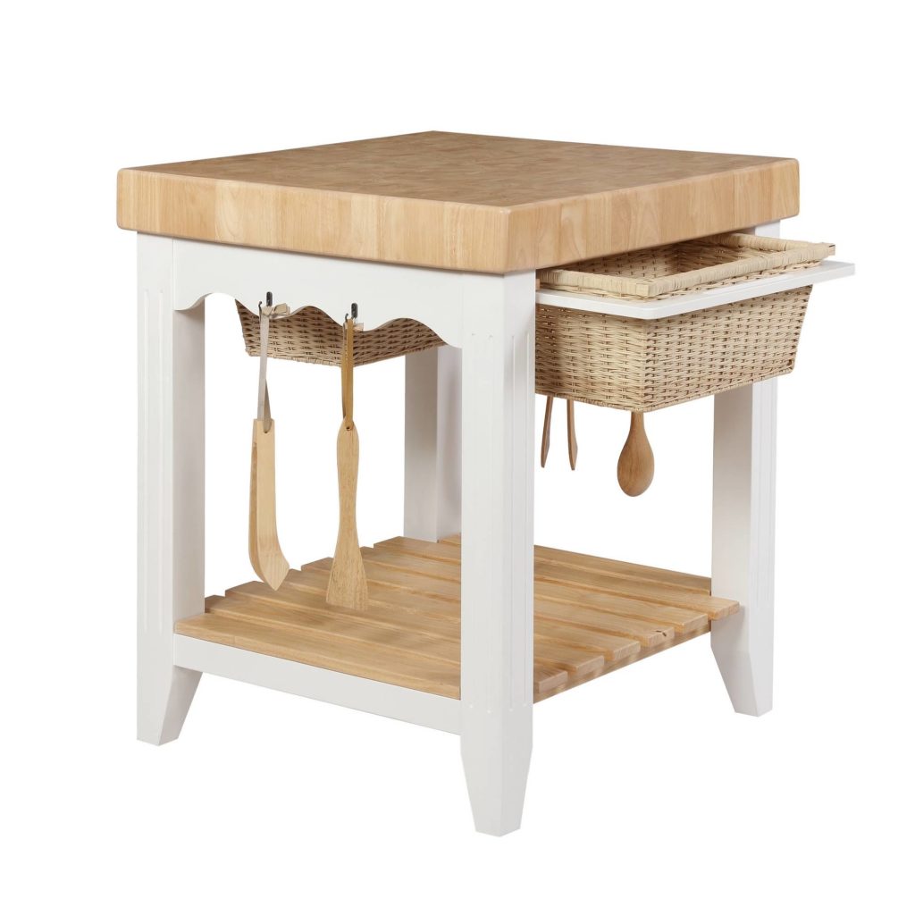 white and butcher block table with baskets