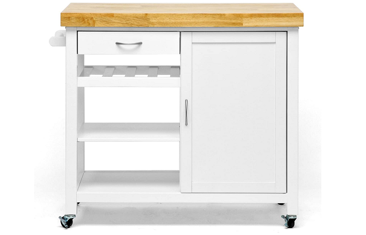 white kitchen cart with butcher block countertop and wheels