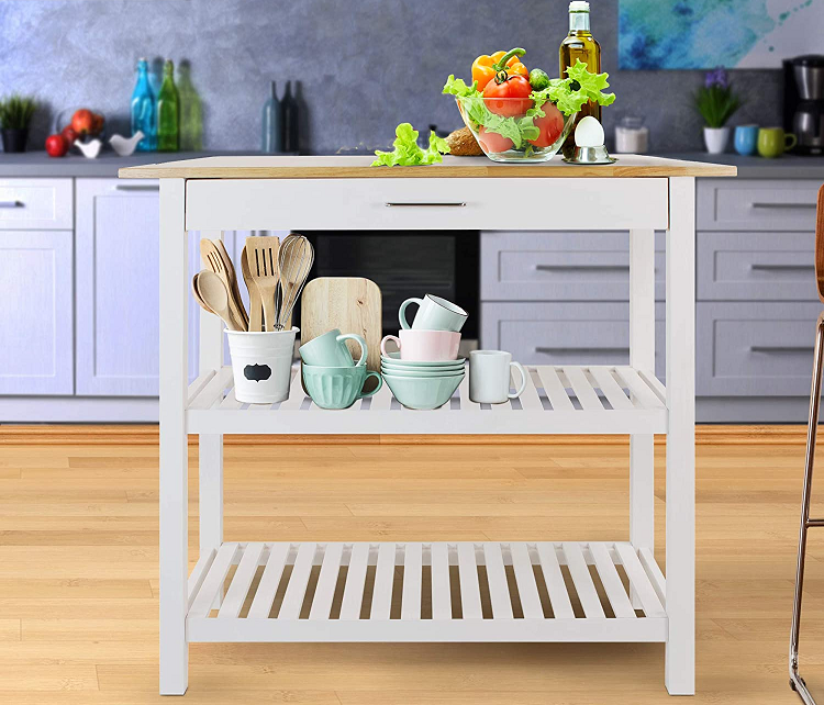 white kitchen cart with butcher block countertop