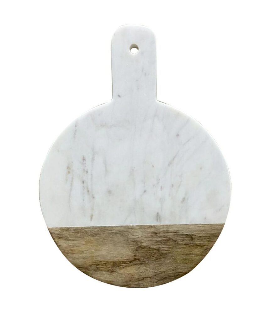 white marble and wood round cutting board with handle